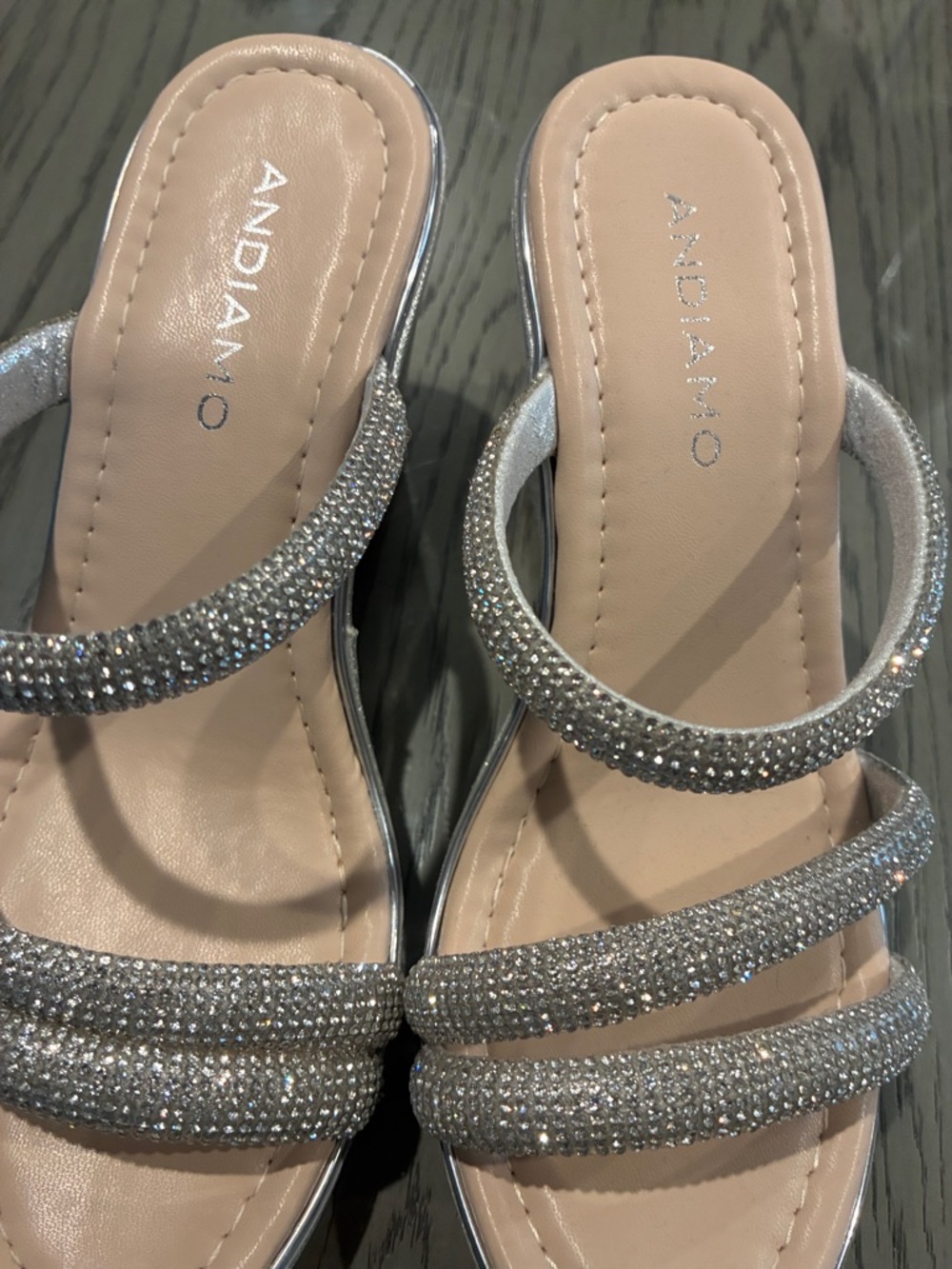 Andiamo Silver Crystal Triple-Strap Slide Sandal